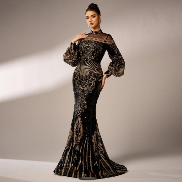 Black Embellished Backless Gown with Bishop Sleeves - Picture 10 of 13